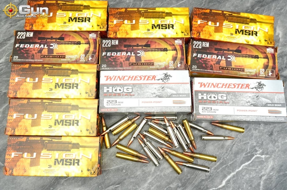 .223 Rem Winchester and Federal ammunition. 216 ro: .223 Rem Winchester and Federal ammunition. 216 rounds in total.This lot features Winchester Hog Special 64-grain Power-Point and Federal Fusion MSR 62-grain bonded soft point .223 Remington rifle amm