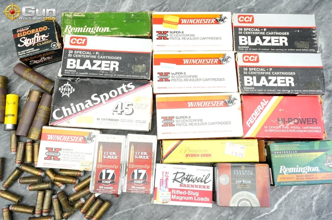 Winchester, Federal, Remington, etc. ammunition. 6: Winchester, Federal, Remington, etc. ammunition. 600 rounds in total.This lot includes a diverse mix of handgun, rifle, and shotgun cartridges, featuring .38 Special, .45 ACP, 12 gauge, 20 gauge, .17 