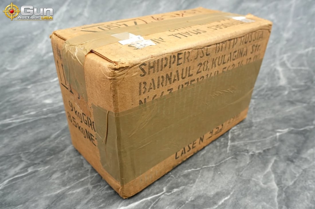 Russian 7.62x39mm FMJ ammunition. 500 rounds in to: Russian 7.62x39mm FMJ ammunition. 500 rounds in total.Includes a factory-sealed carton of Russian-manufactured 7.62x39mm ammunition, 500 rounds total, loaded with full metal jacket (FMJ) bullets. The 