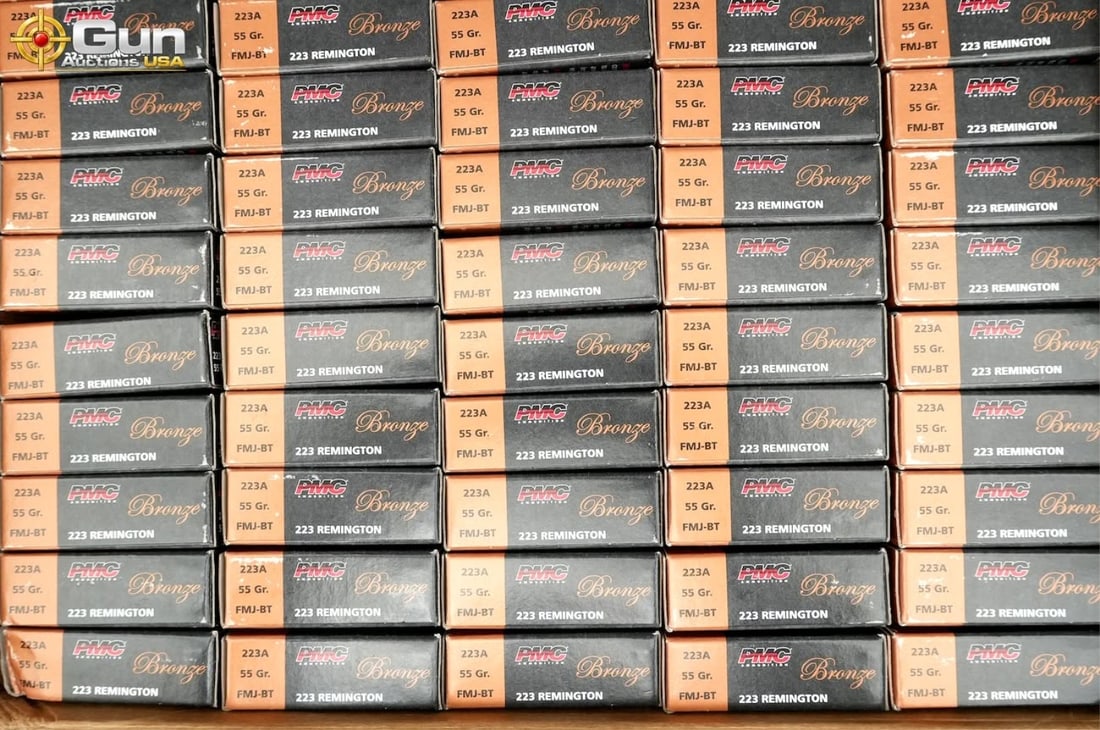 PMC .223 rem rifle ammunition. 1000 rounds in tota: PMC .223 Remington rifle ammunition. 1,000 rounds in total.This lot consists of 1,000 rounds of PMC Bronze .223 Remington rifle ammunition, loaded with 55-grain full metal jacket boat-tail (FMJ-BT)