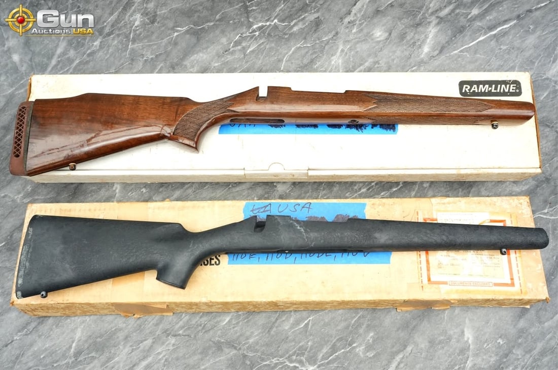 Savage & Remington Rifle Stocks. Very Good Conditi: Savage & Remington rifle stocks. Very good condition.This lot includes two rifle stocks: one black synthetic Ram-Line stock designed to fit Savage 110-series rifles and one gloss-finished, checkered w