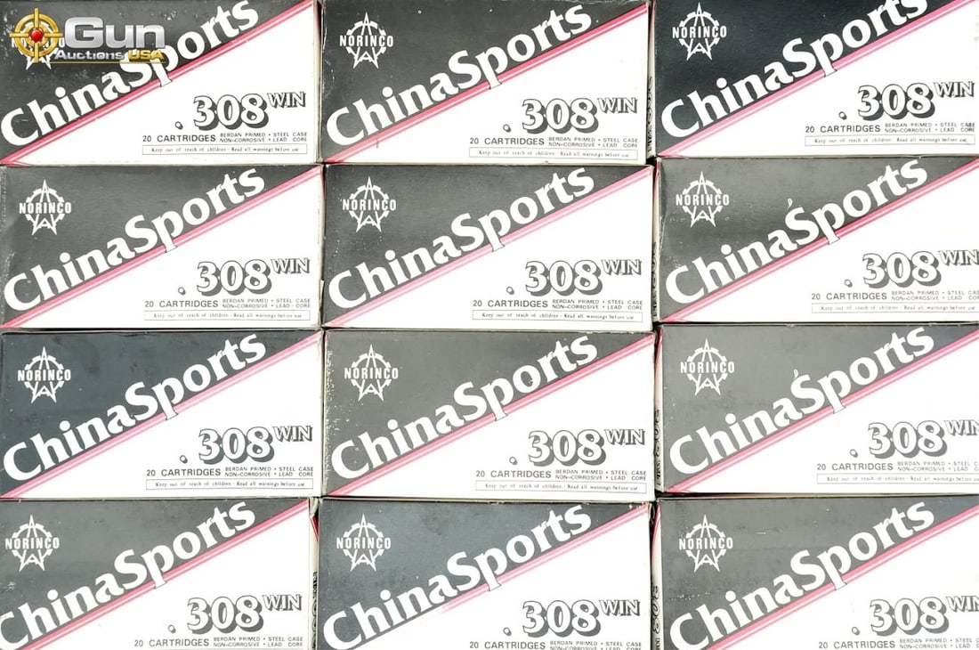 .308 Win ChinaSports ammunition. 240 rounds in tot: .308 Win ChinaSports ammunition.This lot totals 240 rounds of ChinaSports (Norinco) .308 Winchester ammunition loaded with 147-grain full metal jacket bullets, featuring steel cases, Berdan primers,