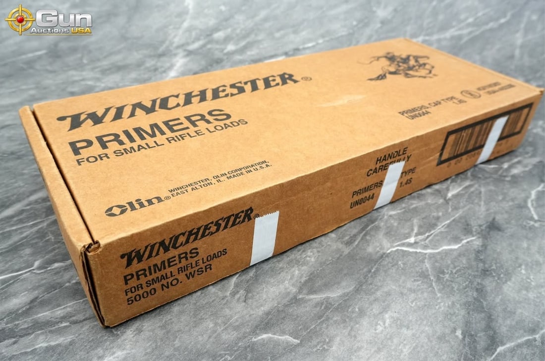 Winchester Rifle Primers for standard rifle loads.: Winchester Rifle Primers for standard rifle loads.This lot totals 5,000 primers, comprising a sealed factory case of Winchester Small Rifle Primers (No. WSR) intended for standard small-rifle