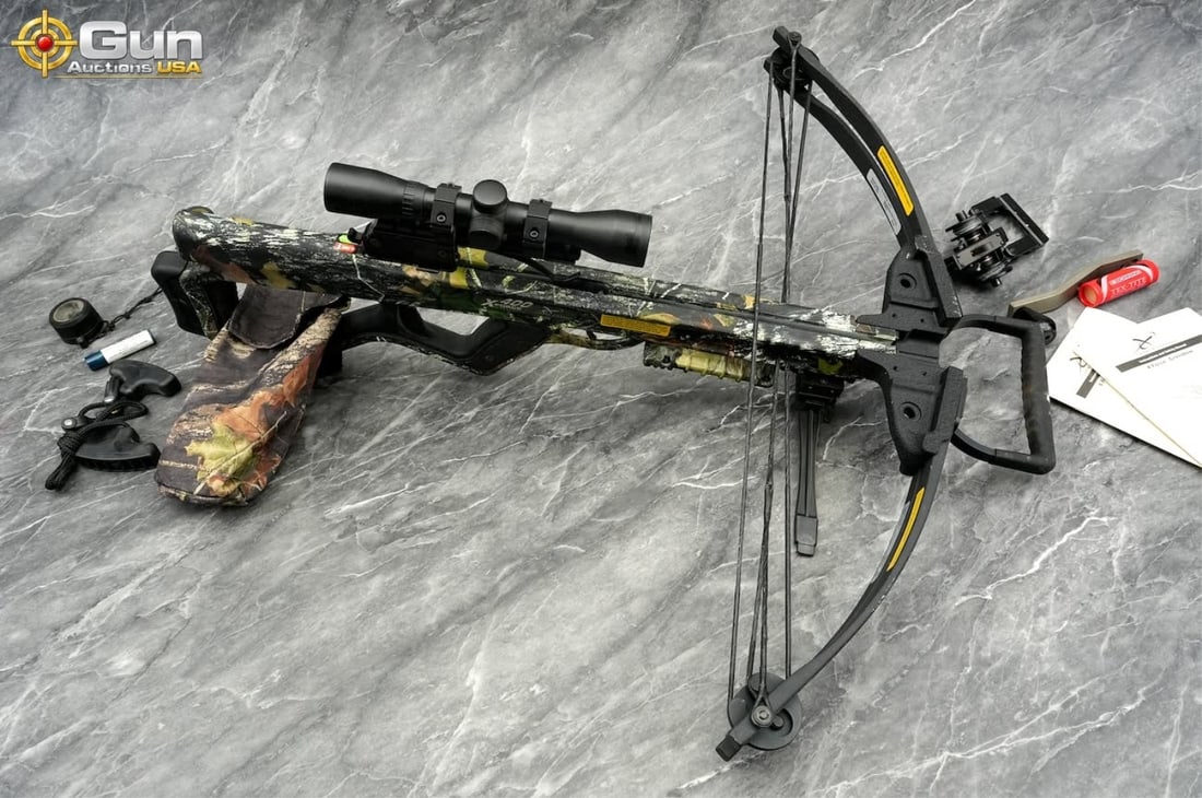 Carbon Express X-Force 400 crossbow package. Very: Carbon Express X-Force 400 crossbow package. Very Good Condition.This Carbon Express X-Force 400 crossbow package features a camouflage finish, a mounted optical scope, an attached quiver, arrows, a