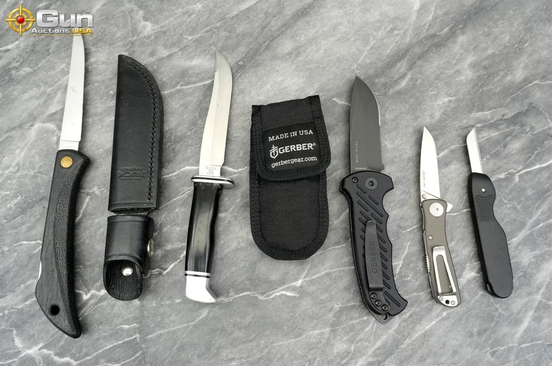 Gerber, Buck, EKA, Etc. Five assorted knives. Very: Gerber, Buck, EKA, etc. Five assorted knives. Very Good Condition.This collection features a Gerber folding knife with a coated drop point blade, textured black handle, pocket clip, and black nylon