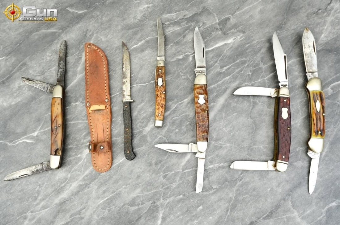 Imperial, Winchester, Solingen, etc.knives. Fair C: Imperial, Winchester, Solingen, etc. knives. Fair Condition.This varied group features one Imperial fixed-blade knife with its leather sheath alongside five folding pocket knives. Identifiable makers