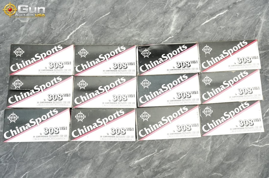 .308 Win ChinaSports ammunition. 240 rounds in tot: .308 Win ChinaSports ammunition. 240 rounds in total.This lot consists of Norinco ChinaSports .308 Winchester ammunition presented in factory 20-round boxes. Each cartridge is a 147-grain full metal