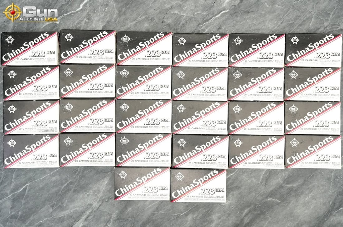 .223 Rem ChinaSports ammunition. 520 rounds in tot: .223 Rem ChinaSports ammunition. 520 rounds in total.This lot presents Norinco ChinaSports .223 Remington ammunition in factory 20-round boxes. Each cartridge is a 55-grain full metal jacket load