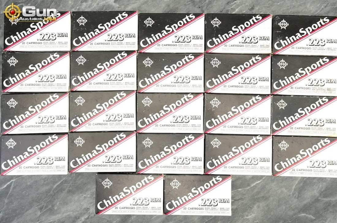 .223 Rem ChinaSports ammunition. 440 rounds in tot: .223 Rem ChinaSports ammunition. 440 rounds in total.This lot presents Norinco ChinaSports .223 Remington ammunition in factory 20-round boxes. Each cartridge is a 55-grain full metal jacket load
