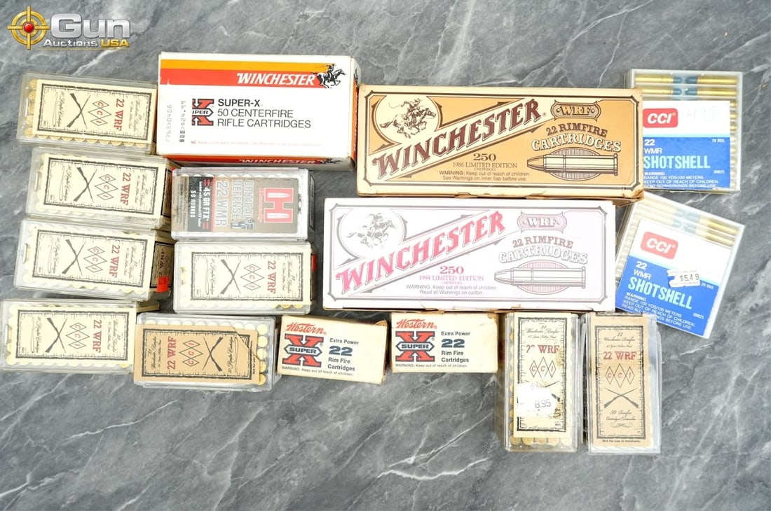 .22 WRF, .22 Hornet, and .22 WMR Collectors ammo b: .22 WRF, .22 Hornet, and .22 WMR collectors ammunition by Winchester, Western, and CCI. 1,100 rounds in total.This collector lot features Winchester .22 WRF Limited Edition commemorative rimfire