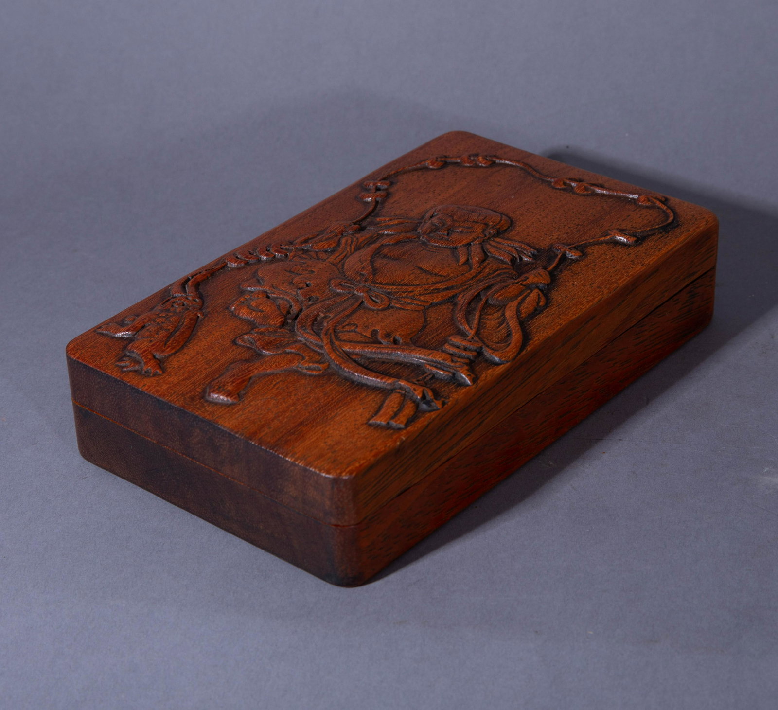ANCIENT CHINESE HUANGHUALI CARVED INKSTONE: ANCIENT CHINESE HUANGHUALI CARVED INKSTONE. H. 18 cm. W. 10.8 cm. H. 4 cm. Weight 544 gram.