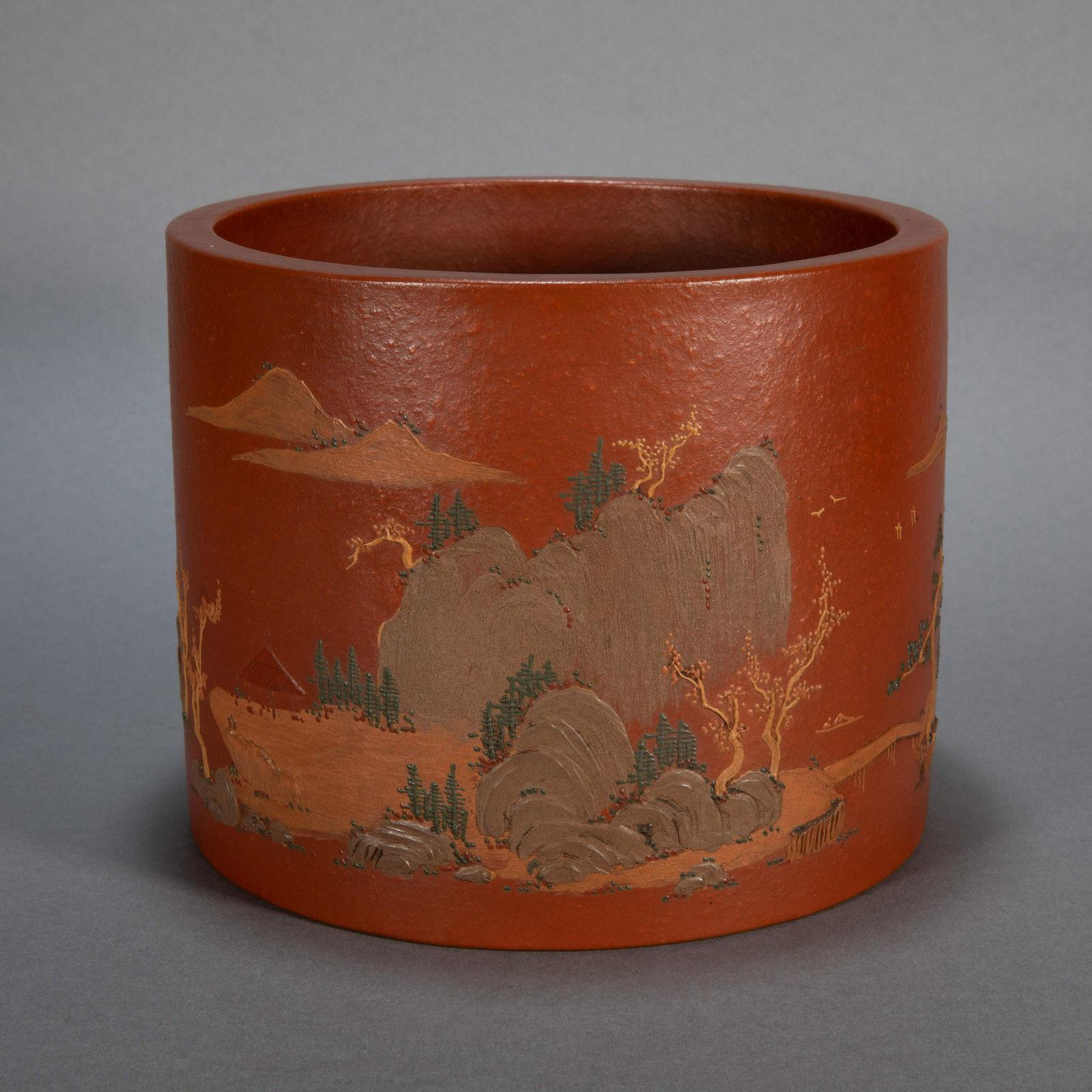 CHINESE ANCIENT ZISHA PEN HOLDER: CHINESE ANCIENT ZISHA PEN HOLDER H. 14.5 cm. Diam. 18 cm.vWeight 1780 gram.