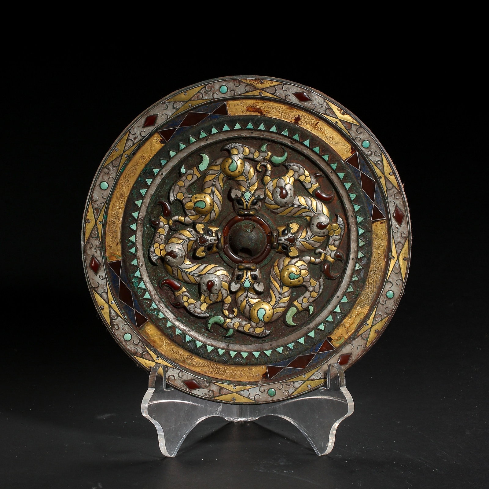 AGATE MIRROR INLAID WITH GOLD, SILVER AND TURQUOISES, (1 of 8)