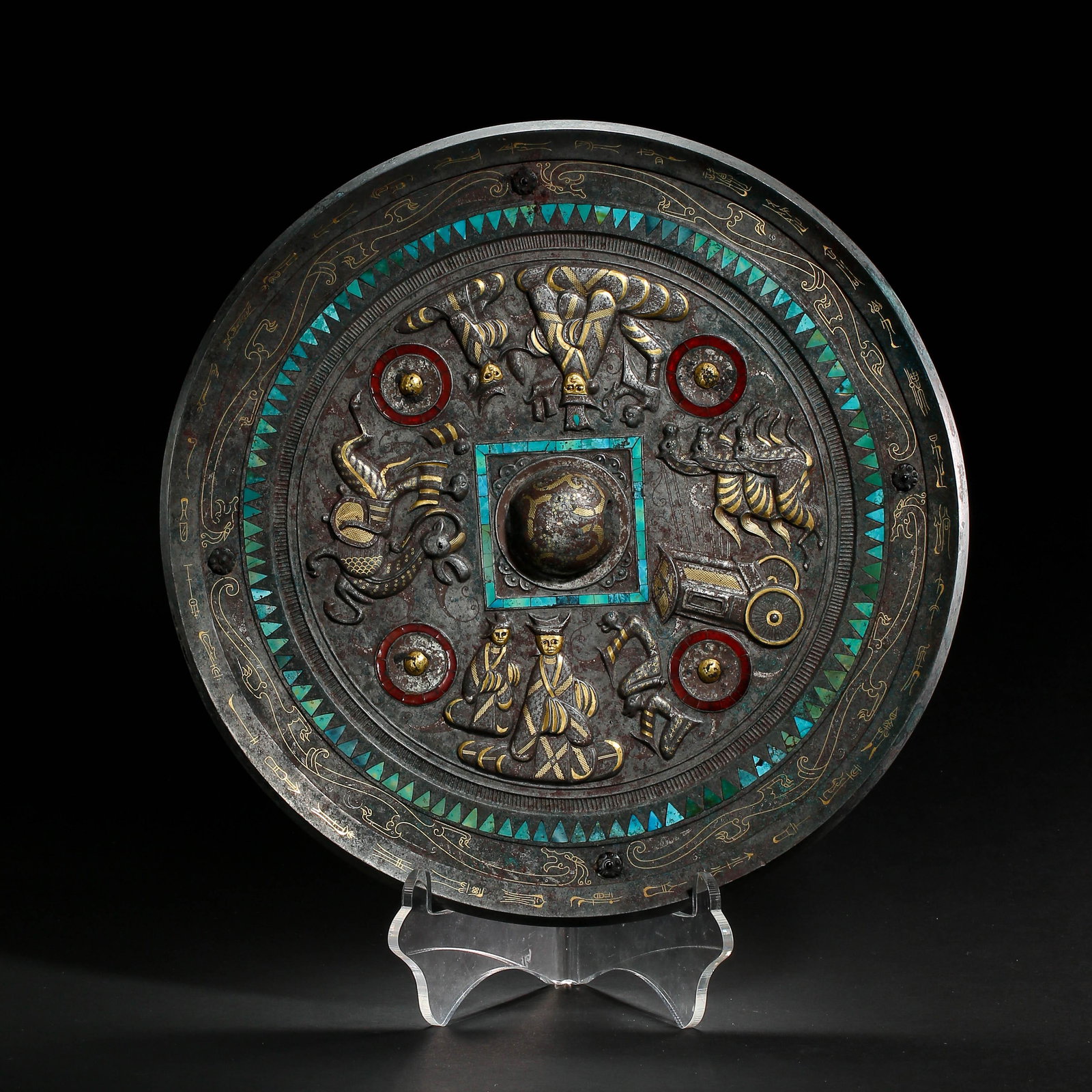 CHINESE BRONZE INSCRIPTIONS MIRROR INLAID WITH GOLD, (1 of 8)