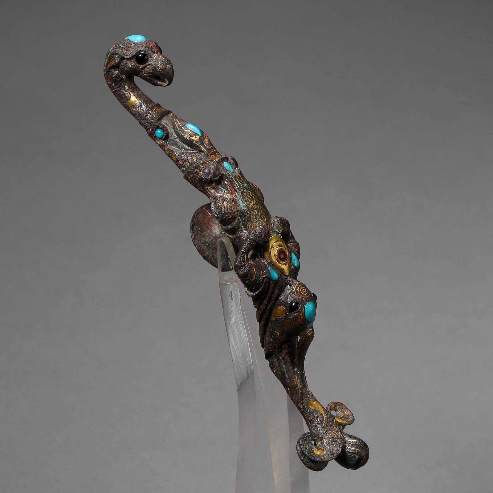 BRONZE BELT HOOK INLAID WITH GOLD, SILVER AND TURQUOISE (1 of 11)