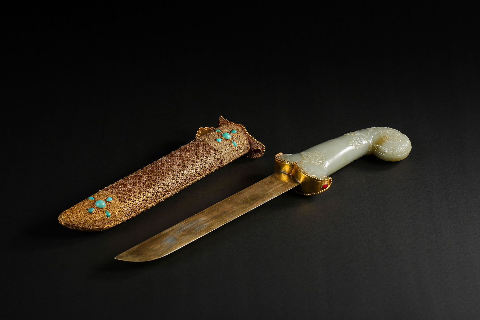 HETIAN JADE SWORD WITH SILVER GILT FILIGREE SCABBARD, (1 of 11)