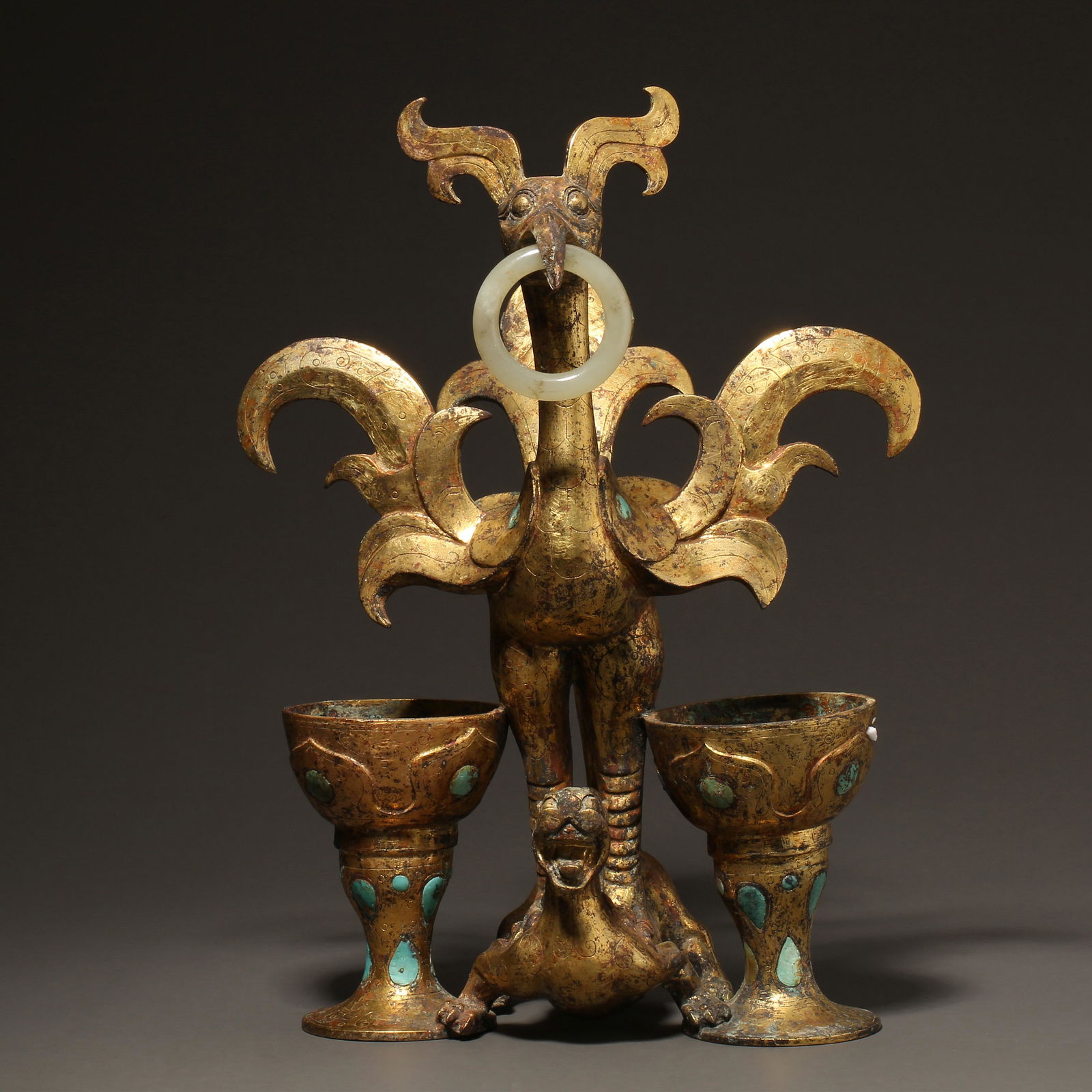GILT BRONZE BIRD SHAPED DECORATION INLAID TURQUOISE AND (1 of 10)