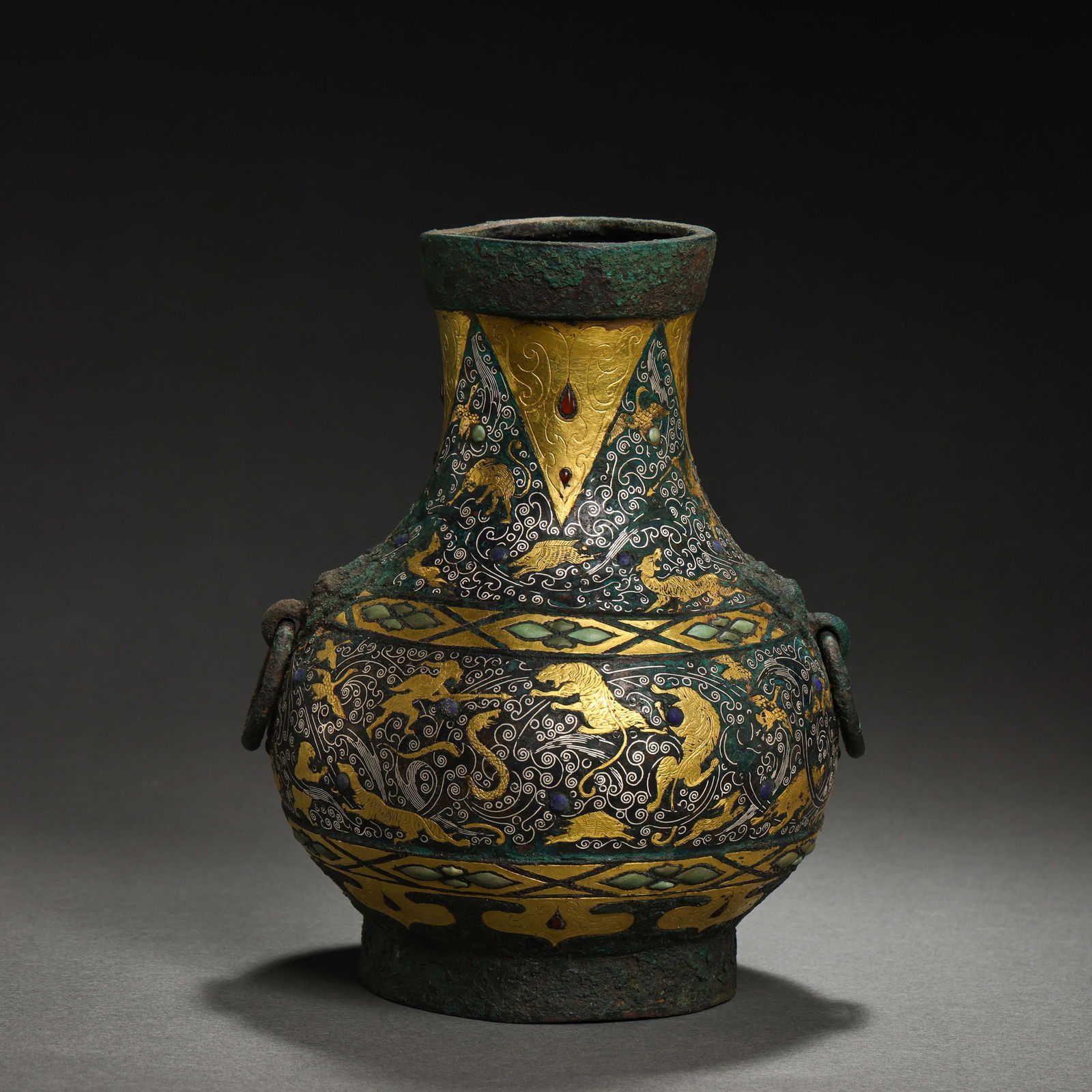 CHINESE AMPHORA INLAID WITH SILVER AND TURQUOISE, (1 of 9)
