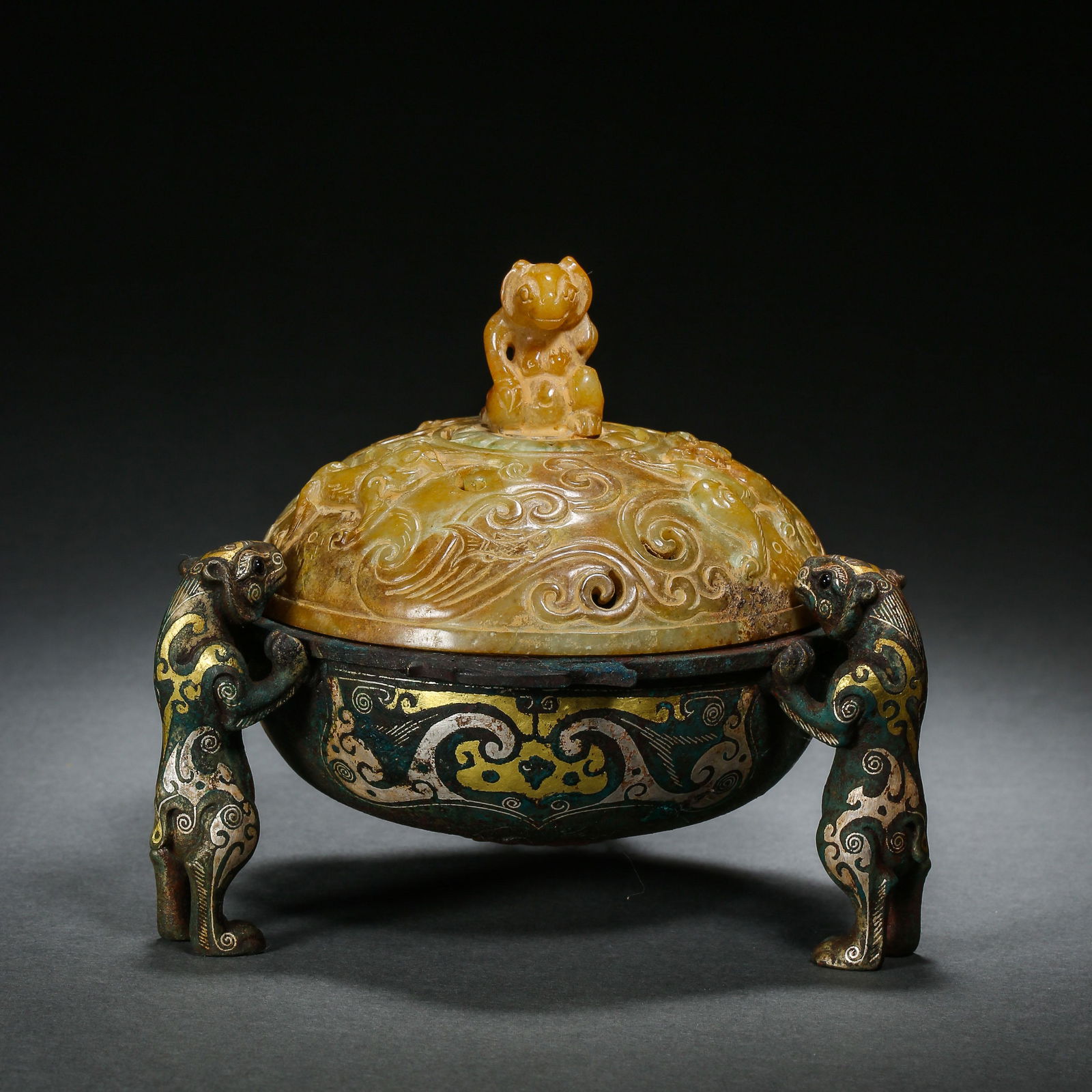 THREE-LEGGED BRONZE INCENSE BURNER WITH HETIAN JADE (1 of 10)