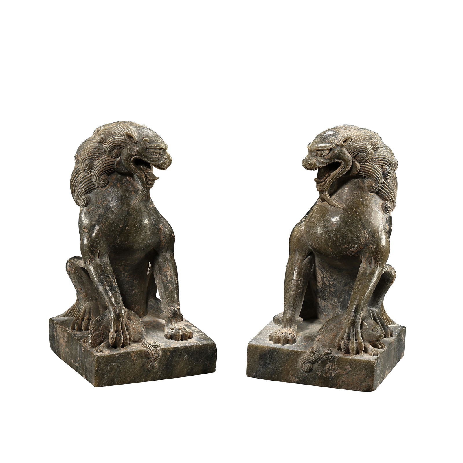 A PAIR OF CHINESE TANG DYNASTY BLUESTONE LIONS, 7TH (1 of 11)