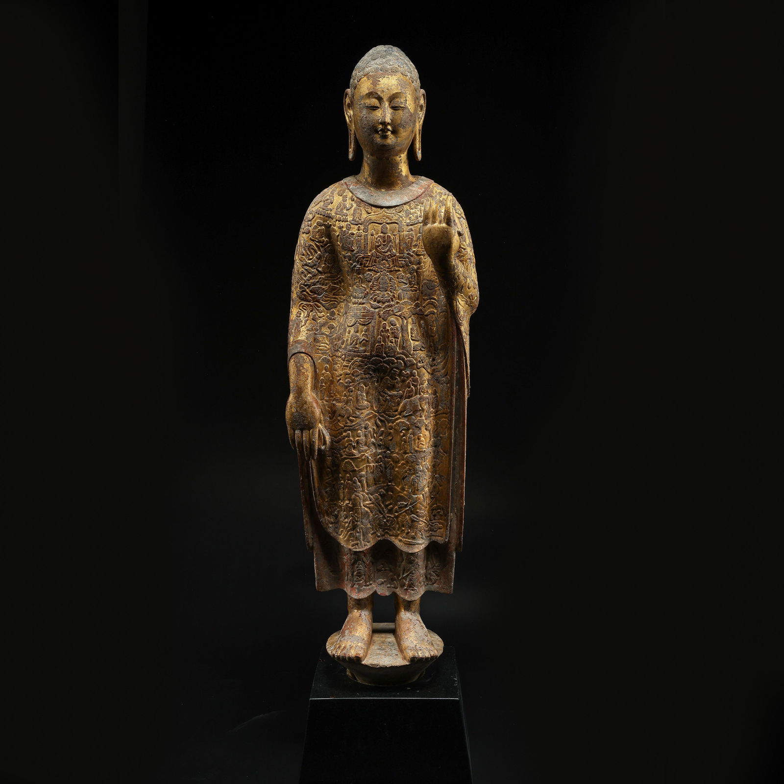 STONE CARVED PARTLY GILT STANDING BUDDHA STATUE, THE (1 of 9)