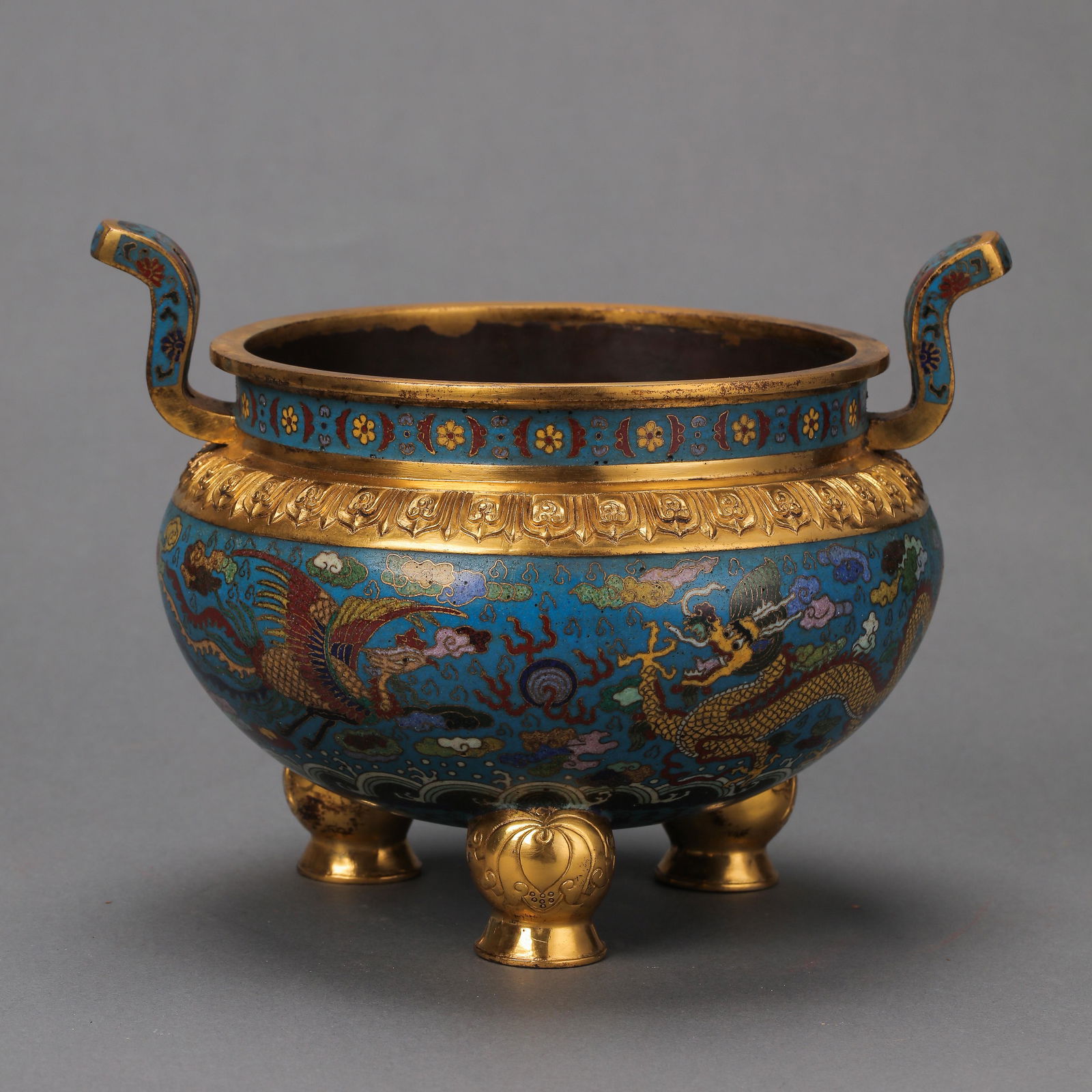 CLOISONNE THREE-LEGGED DOUBLE-EARED DRAGON AND PHOENIX PATTERN INCENSE BURNER, MING DYNASTY, CHINA, (1 of 9)