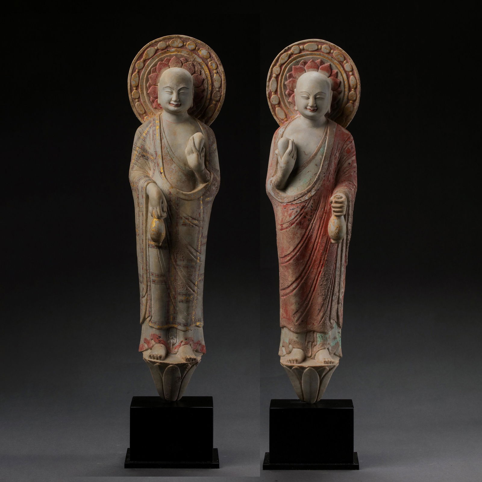 A PAIR OF STANDING BUDDHA STATUES PAINTED ON QINGBAISHI FROM THE NORTHERN QI DYNASTY IN CHINA (A NAN (1 of 19)
