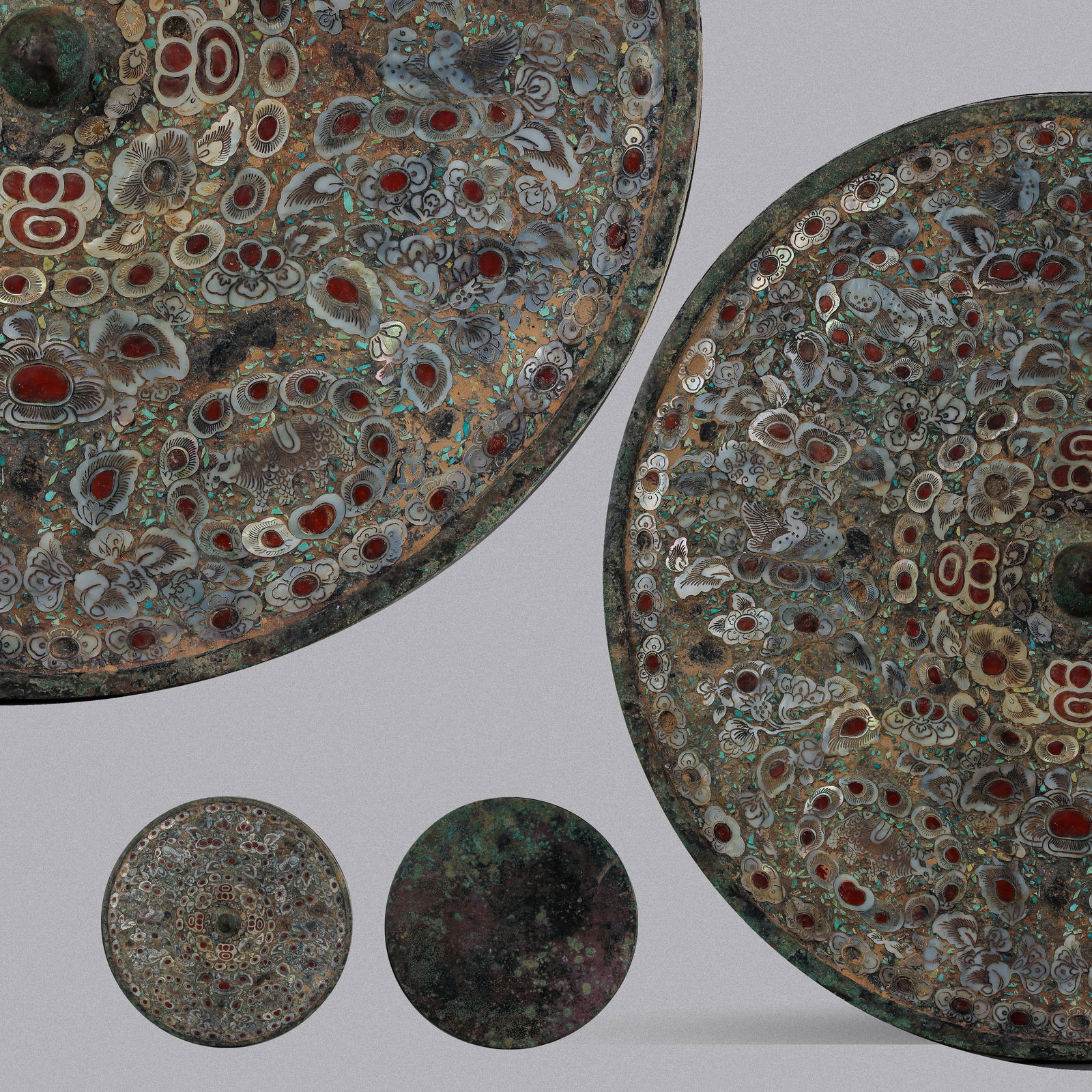 CHINESE TANG DYNASTY BRONZE INLAID AGATE TURQUOISE MIRROR (1 of 12)