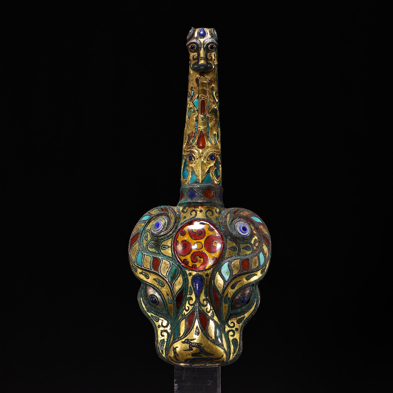 CHINESE WARRING STATES PERIOD BRONZE BELT HOOK INLAID GOLD AND SILVER, GEMSTONE (1 of 7)