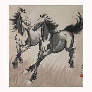 CHINESE PAINTING AND CALLIGRAPHY - HORSES (XU BEIHONG 1895-1953): CHINESE PAINTING AND CALLIGRAPHY - HORSES (XU BEIHONG 1895-1953) L. 56 cm. W. 50.5 cm.