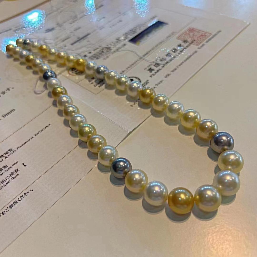 PERFECT ROUND AND FLAWLESS THREE-COLOR MIXED COLOR PEARL NECKLACE CERT: SS100924 (1 of 3)