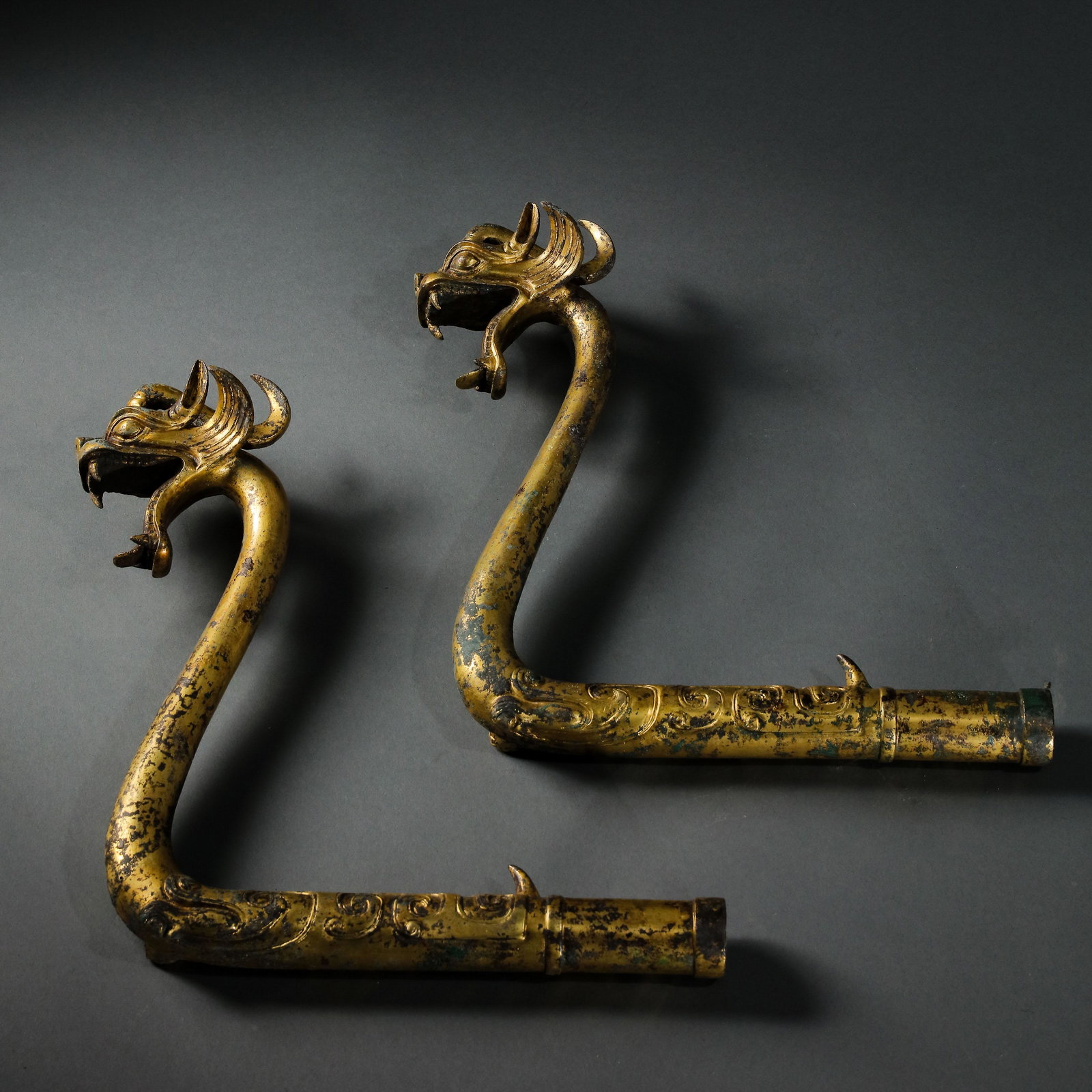 BEFORE THE MING DYNASTY, GILT BRONZE DRAGON-SHAPED ACCESSORIES (1 of 8)