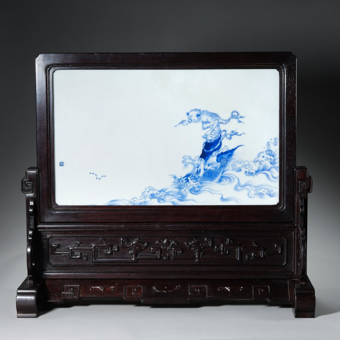 20TH CENTURY- MASTER ARTIST WANG BU BLUE AND WHITE PORCELAIN PLATE PAINTING SCREEN INSERTION (1 of 6)