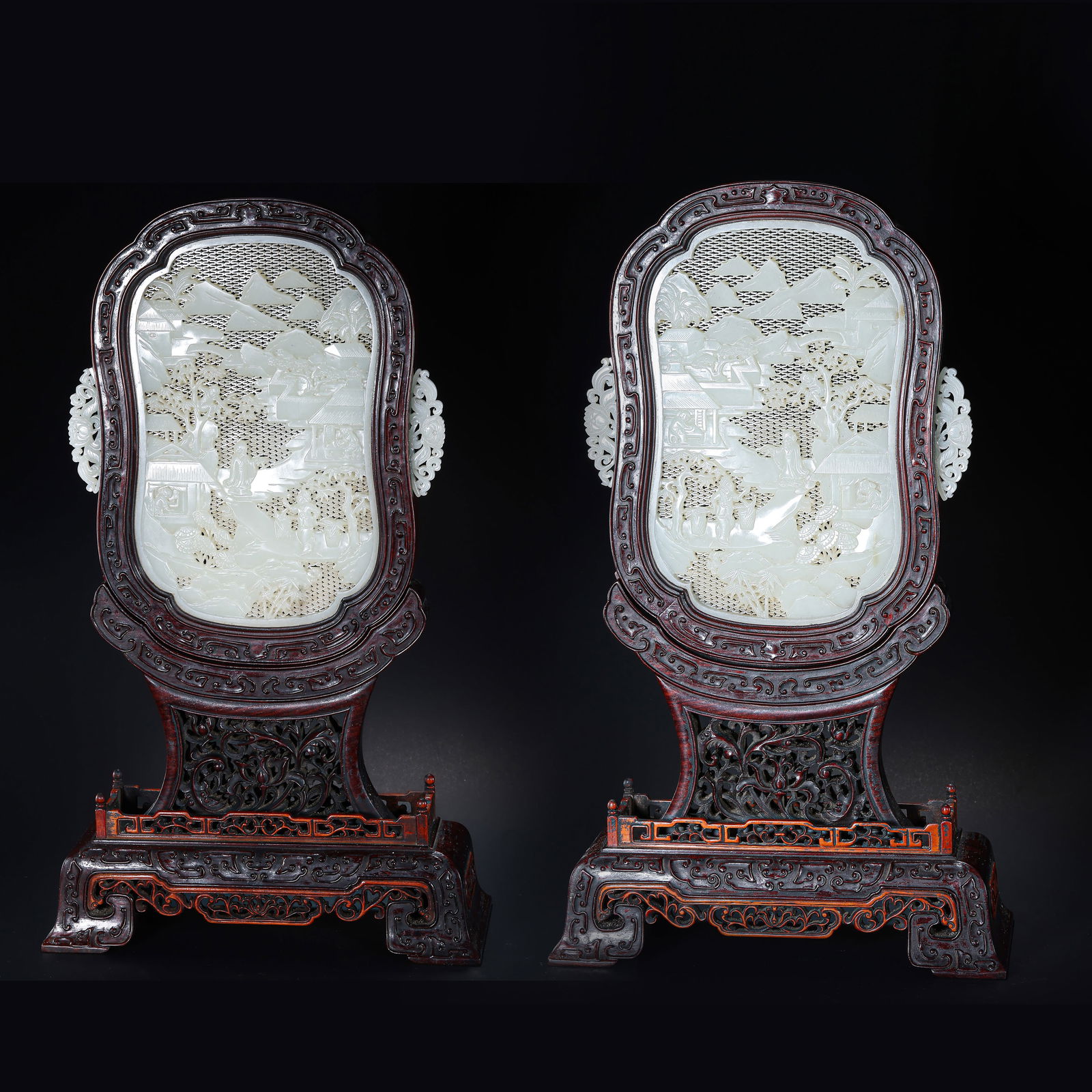 A PAIR OF ROSEWOOD INLAID HETIAN JADE INSERT SCREENS, QING DYNASTY (1 of 10)