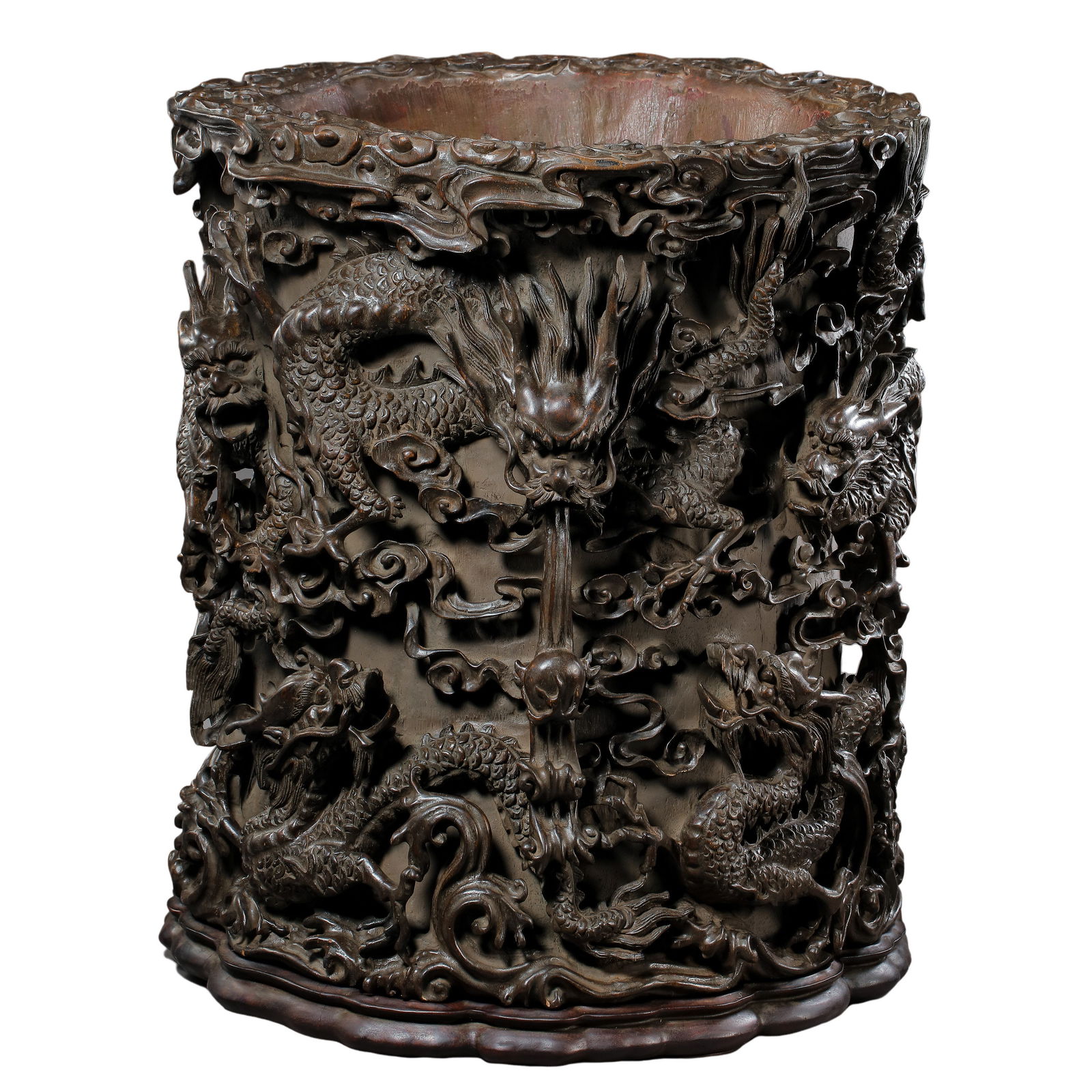 QING DYNASTY ROSEWOOD RELIEF DRAGON GRAIN WOOD CYLINDER (1 of 17)