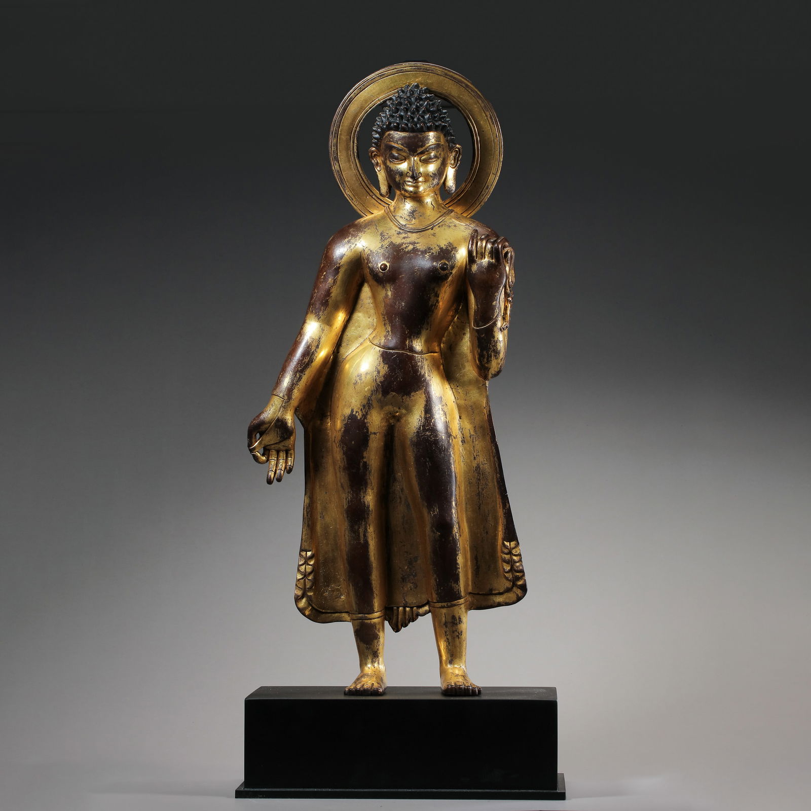CHINESE YUAN DYNASTY GILT BRONZE BUDDHA STANDING STATUE (1 of 13)