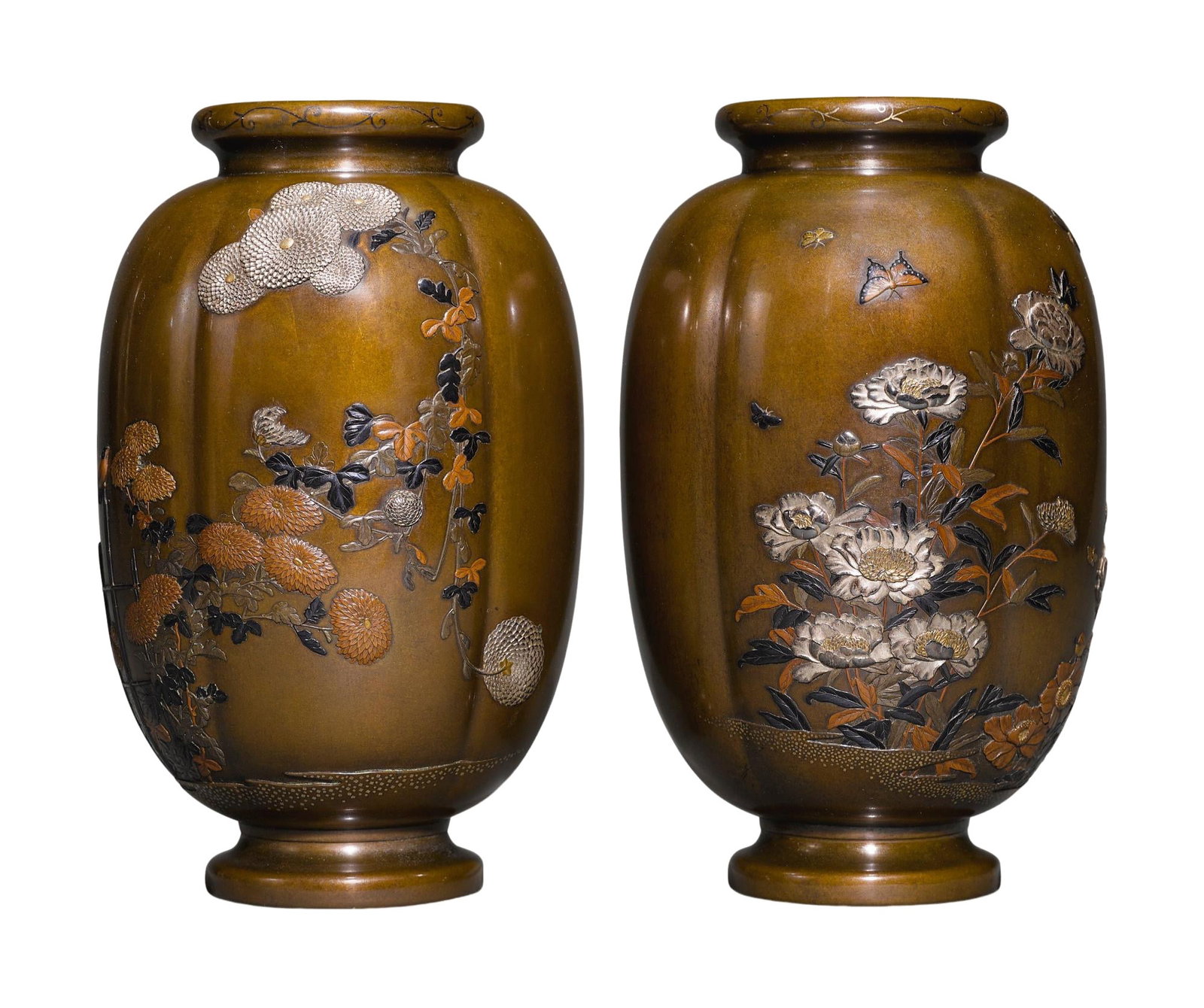 a pair of Japanese Edo period bronze base inlaid vase decoration pieces (1 of 1)