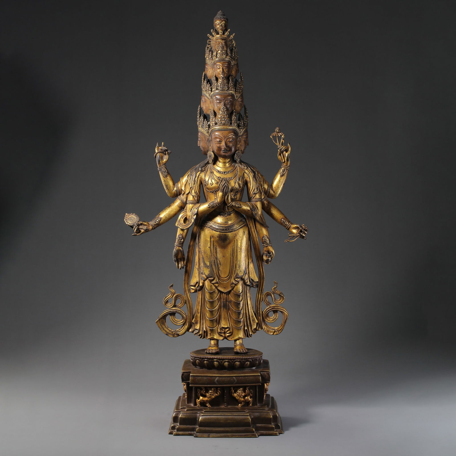 Qing dynasty gilt bronze eight arms eleven side Avalokitesvara standing statue (1 of 13)