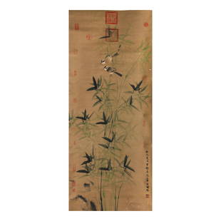 FLOWERS AND BIRDS BY WANG MIAN (1287-1359): FLOWERS AND BIRDS BY WANG MIAN (1287-1359); L. 134.5 cm. W. 57.5 cm.