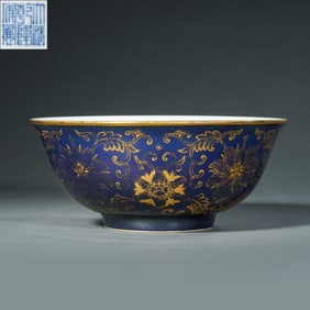 qing dynasty qianlong period blue glaze gold flower pattern bowl