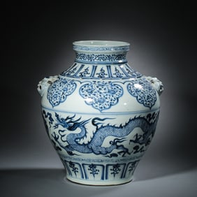 13th-14th century Yuan Dynasty blue and white dragon pattern double beast ear jar