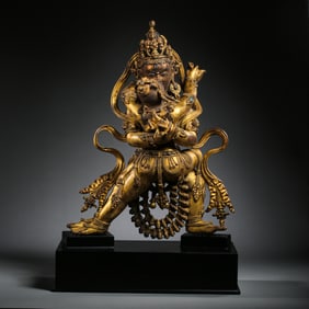 Qing dynasty gilt bronze inlaid gemstone Buddha standing statue