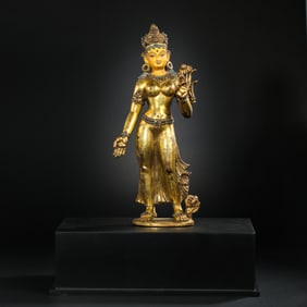 Qing dynasty gilt bronze inlaid gemstone Buddha standing statue