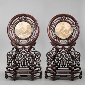 a pair of Qing dynasty rosewood inlaid marble screens