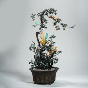 Qing dynasty silver basin jade bonsai
