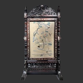 Qing dynasty rosewood Cantonese embroidered bird pattern screen