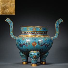 qing dynasty qianlong period bronze fetal view Tai LAN wire enamel color two ears three foot