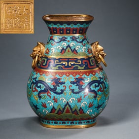qing dynasty qianlong period bronze fetal Jingtai Blue pinched silk enamel vase with two ears