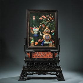 Qing dynasty red sandalwood embedded treasures Fu Lu "great luck" insert screen