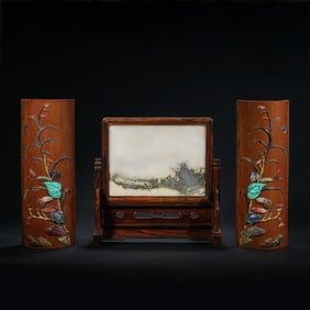 a group of Qing dynasty bamboo carving Wenfang rosewood inlaid marble screens